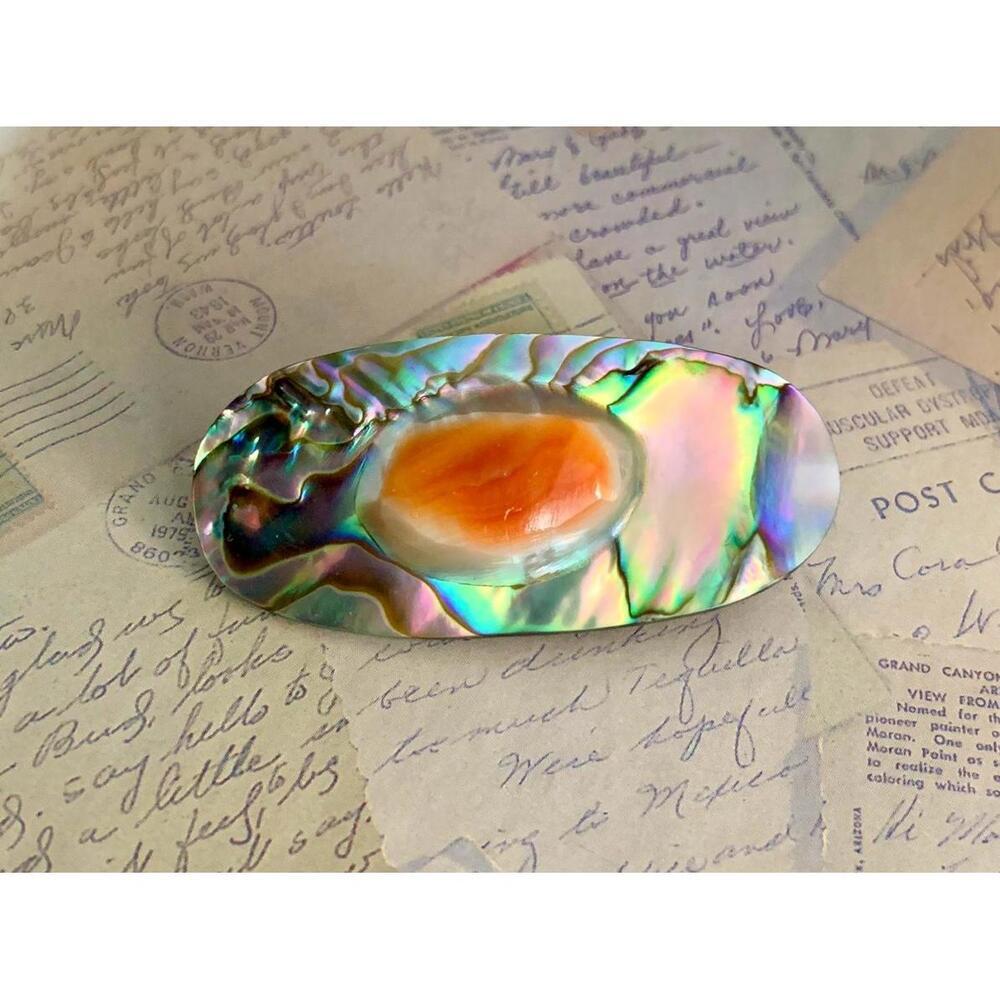 Vintage Abalone Paua Shell Oval Brooch Iridescent Orange Center Pin Boho Jewelry
